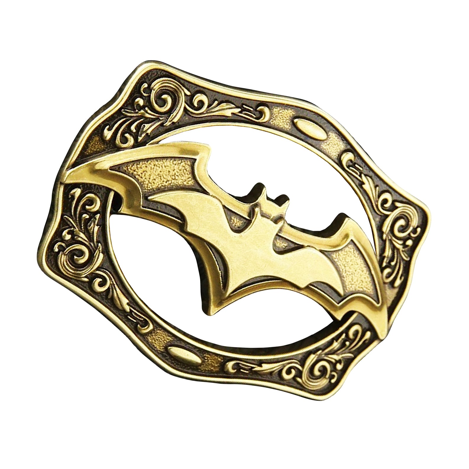 QHA Antique Brass Bat Symbol Belt Buckle with Ornate Scroll Frame Fits 38mm B03