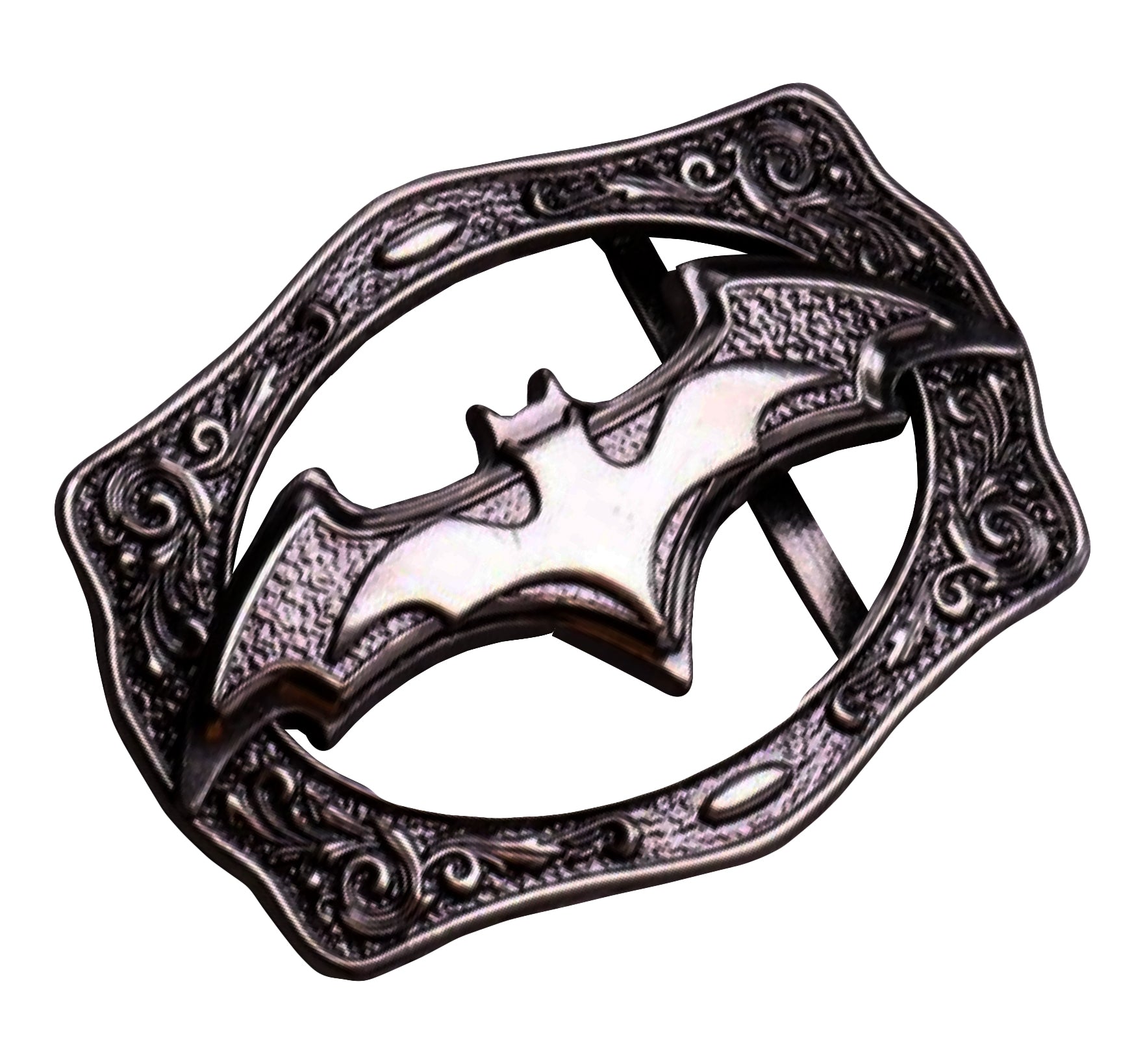 QHA Antique Silver Bat Symbol Belt Buckle with Ornate Scroll Frame Fits 38mm B04