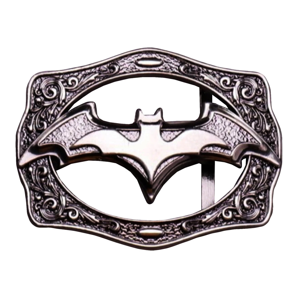 QHA Antique Silver Bat Symbol Belt Buckle with Ornate Scroll Frame Fits 38mm B04