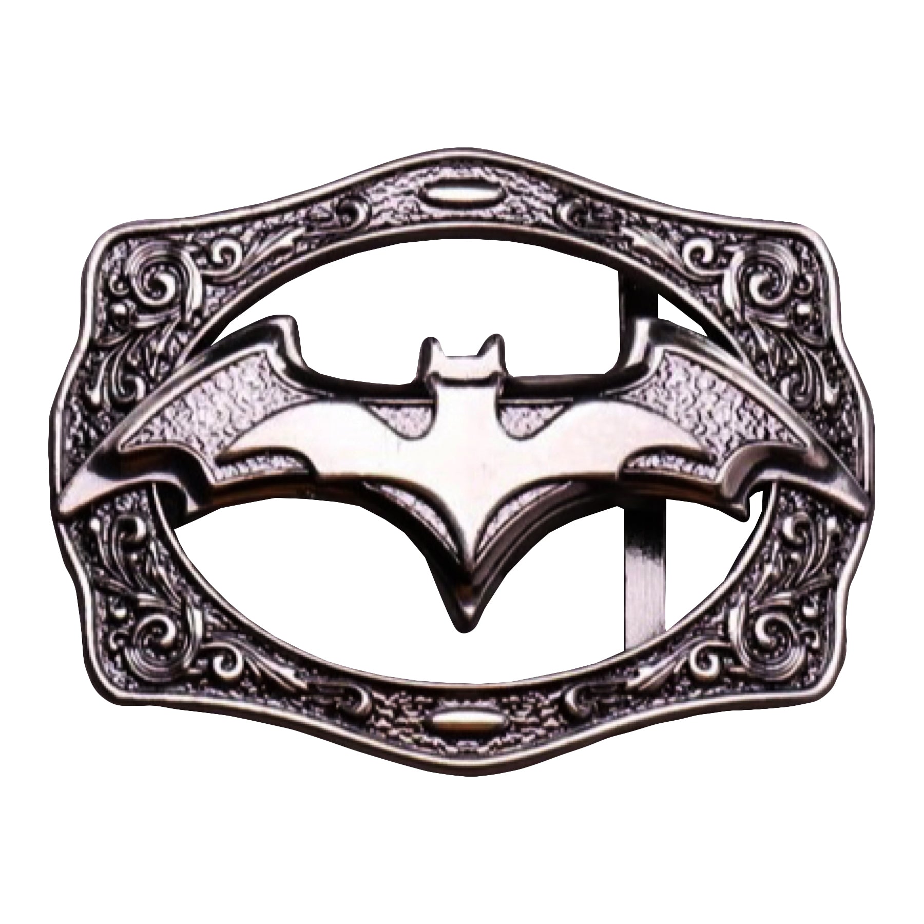 QHA Antique Silver Bat Symbol Belt Buckle with Ornate Scroll Frame Fits 38mm B04