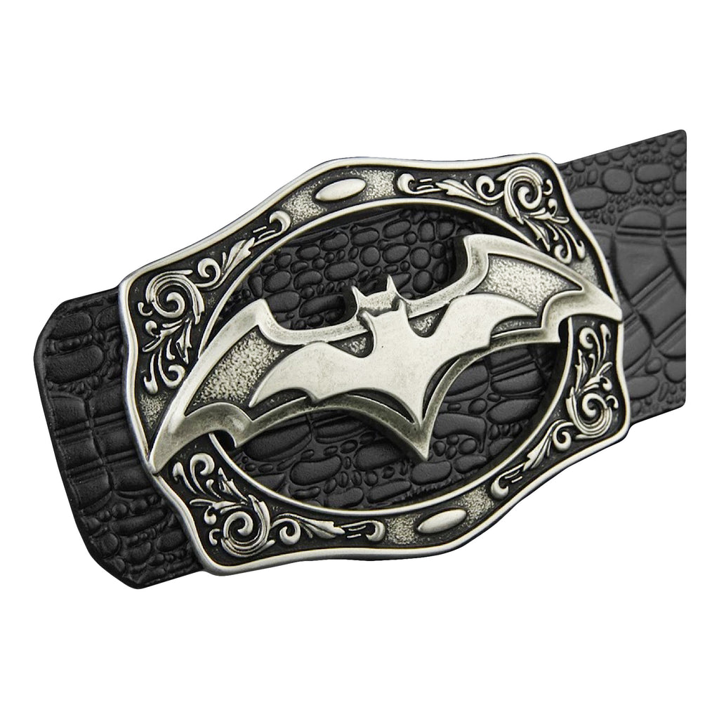 QHA Antique Silver Bat Symbol Belt Buckle with Ornate Scroll Frame Fits 38mm B04
