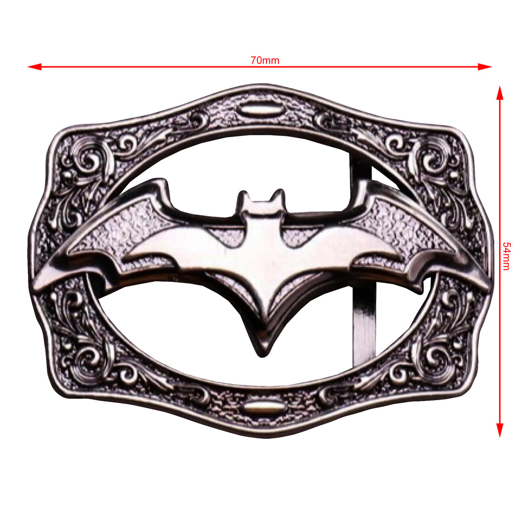 QHA Antique Silver Bat Symbol Belt Buckle with Ornate Scroll Frame Fits 38mm B04