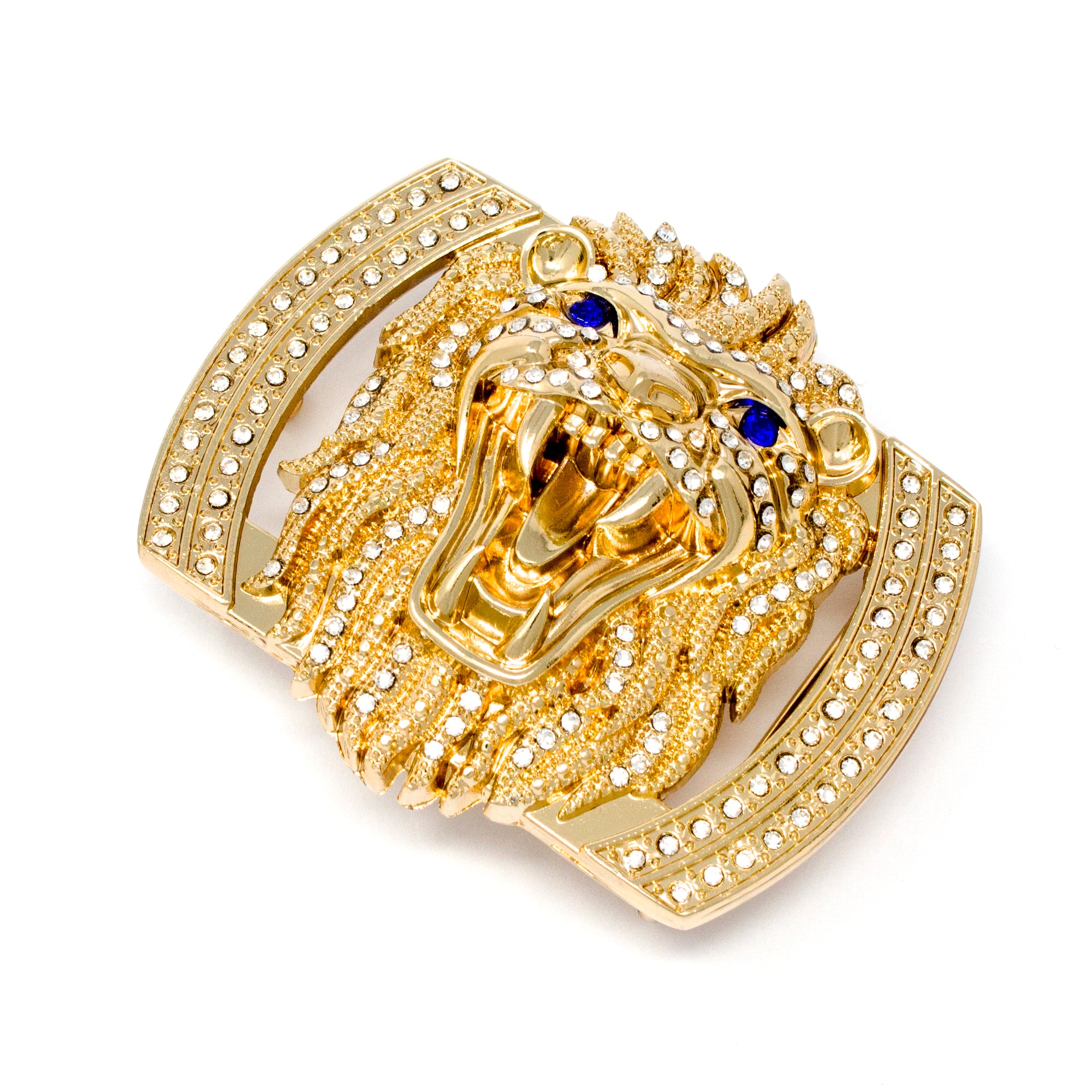 QHA Gold Lion Head Belt Buckle with Blue Eyes & Rhinestones Fits 38mm Belts B05