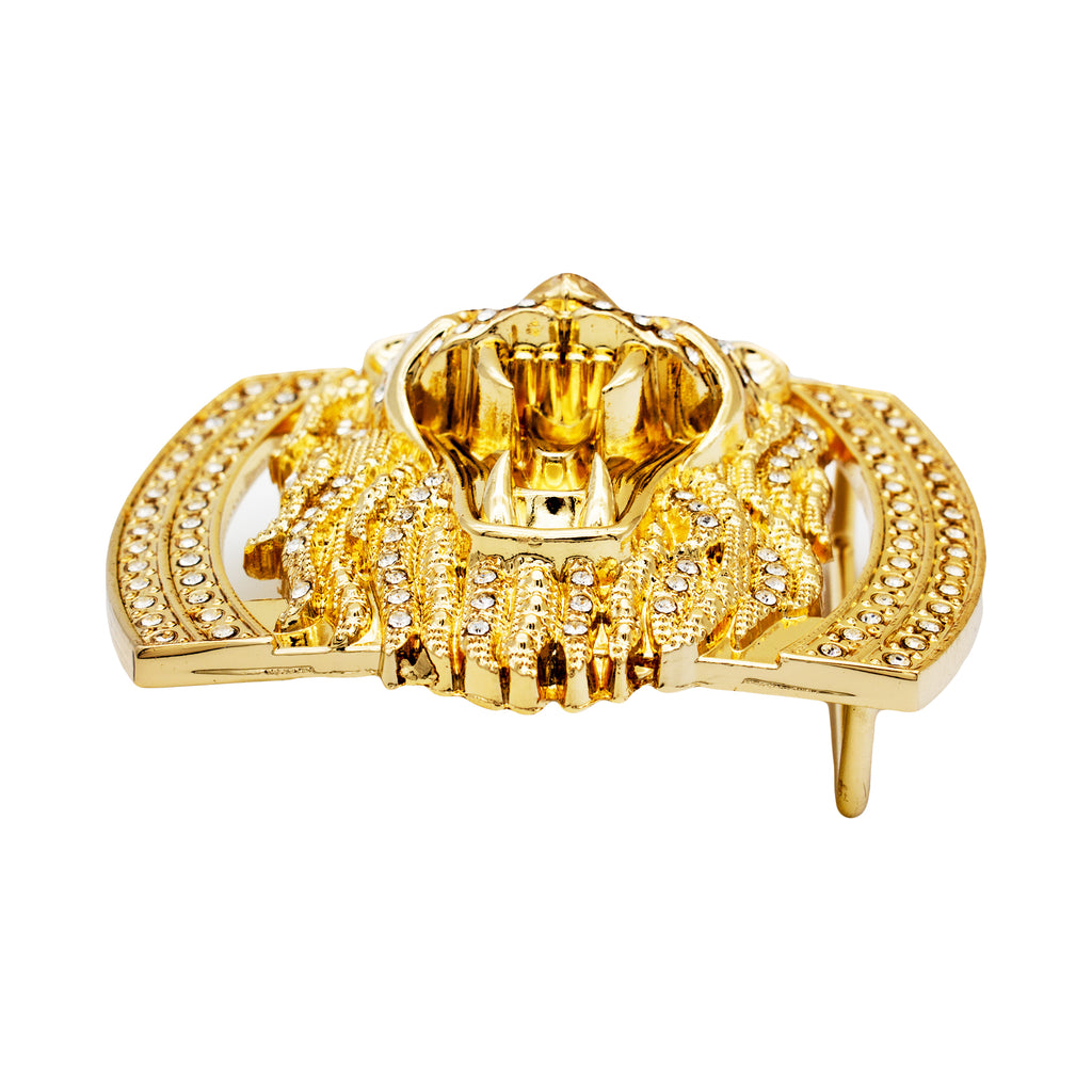QHA Gold Lion Head Belt Buckle with Blue Eyes & Rhinestones Fits 38mm Belts B05