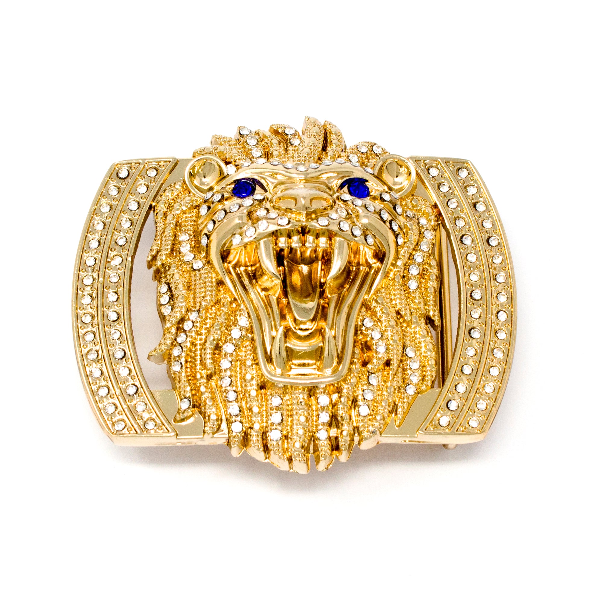 QHA Gold Lion Head Belt Buckle with Blue Eyes & Rhinestones Fits 38mm Belts B05