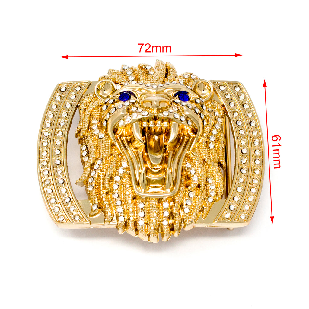 QHA Gold Lion Head Belt Buckle with Blue Eyes & Rhinestones Fits 38mm Belts B05