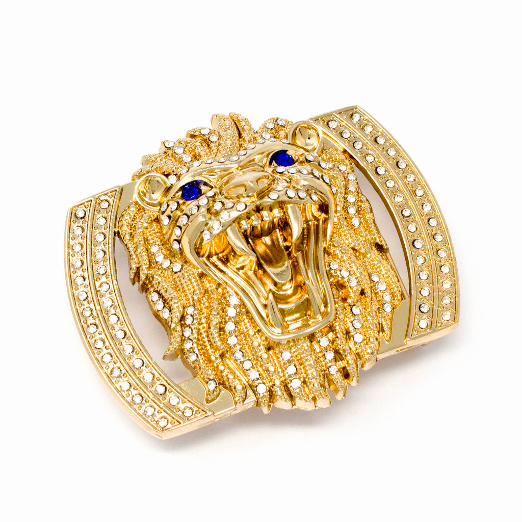 QHA Gold Lion Head Belt Buckle with Blue Eyes & Rhinestones Fits 38mm Belts B05