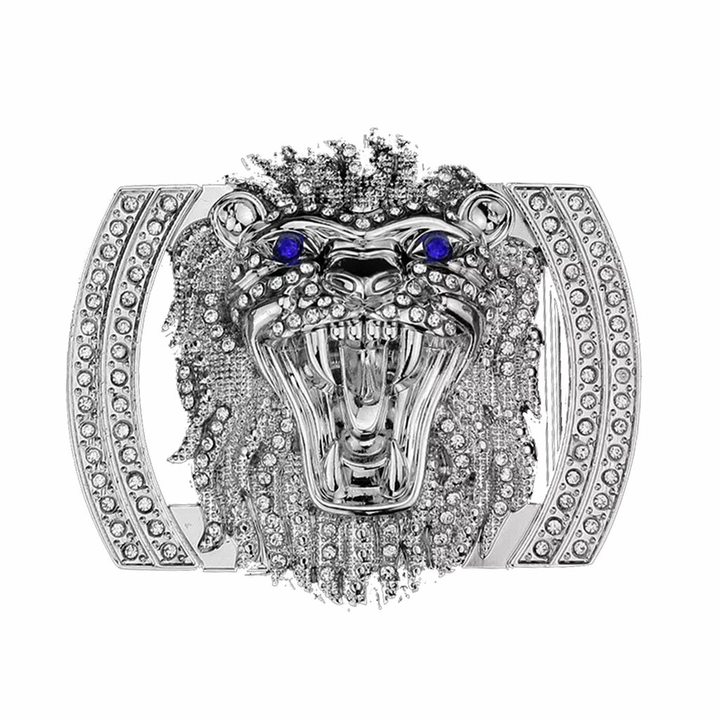 QHA Silver Lion Head Belt Buckle with Blue Eyes & Rhinestones Fits 38mm Belts B06