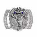QHA Silver Lion Head Belt Buckle with Blue Eyes & Rhinestones Fits 38mm Belts B06