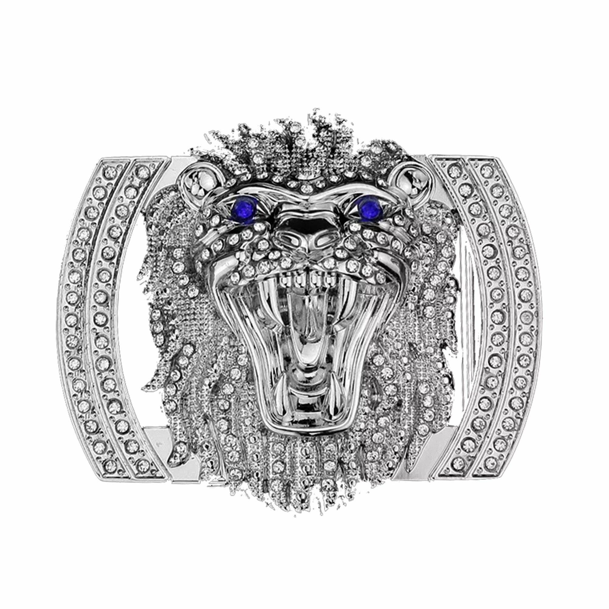 QHA Silver Lion Head Belt Buckle with Blue Eyes & Rhinestones Fits 38mm Belts B06