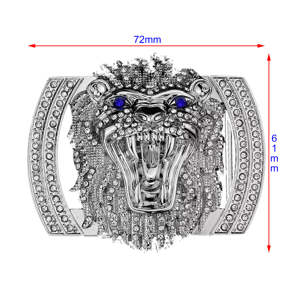 QHA Silver Lion Head Belt Buckle with Blue Eyes & Rhinestones Fits 38mm Belts B06