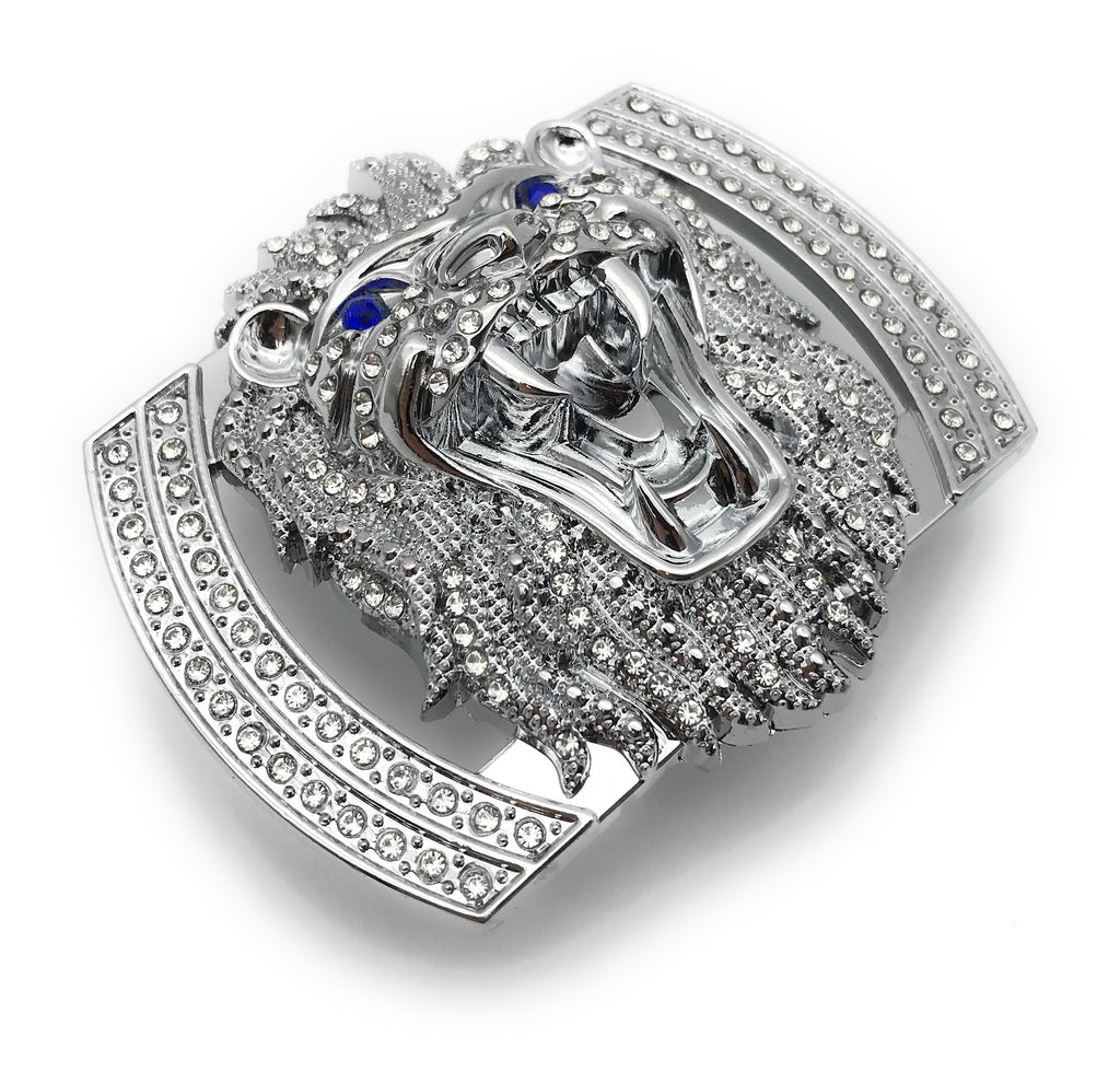 QHA Silver Lion Head Belt Buckle with Blue Eyes & Rhinestones Fits 38mm Belts B06