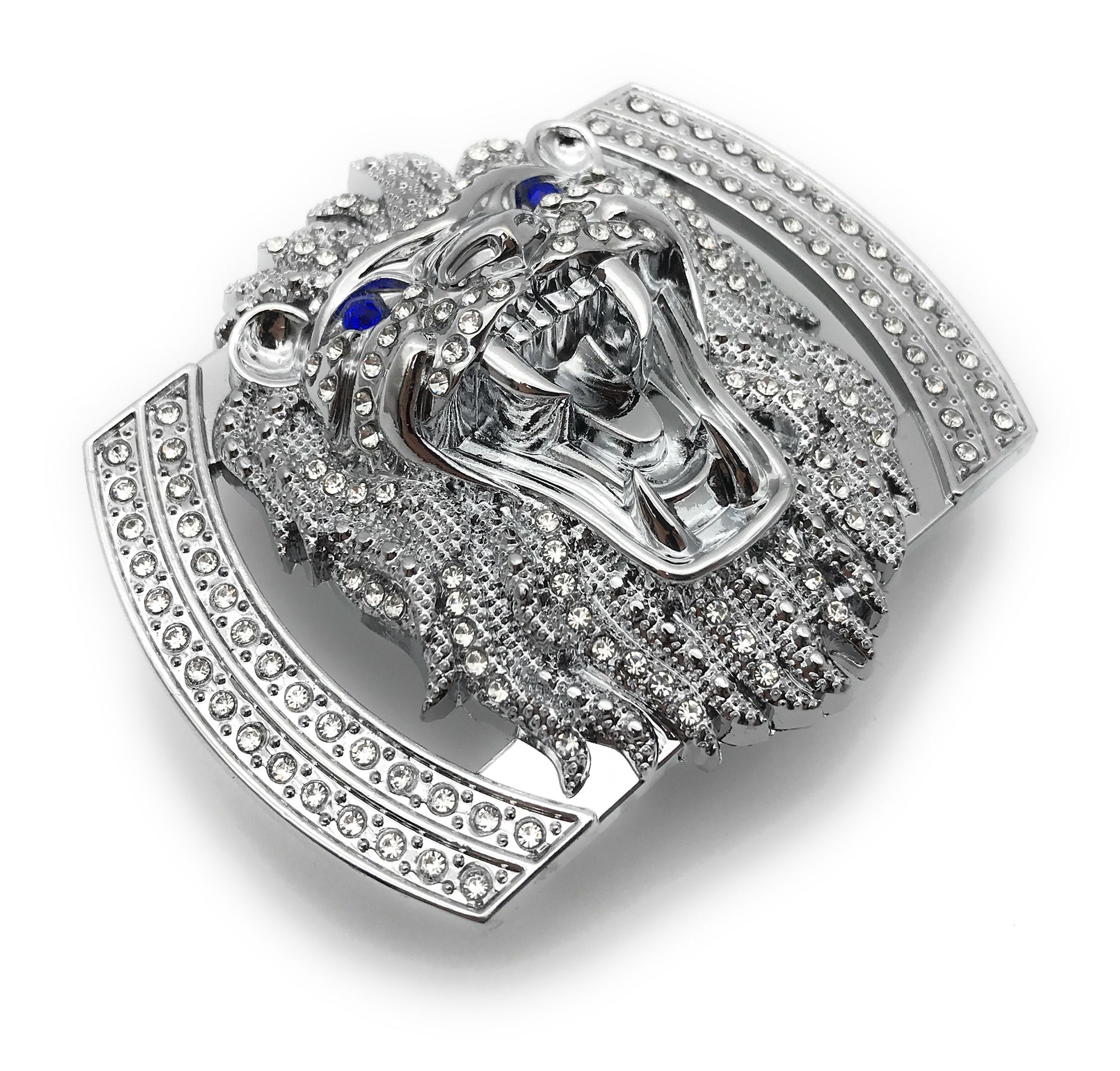 QHA Silver Lion Head Belt Buckle with Blue Eyes & Rhinestones Fits 38mm Belts B06