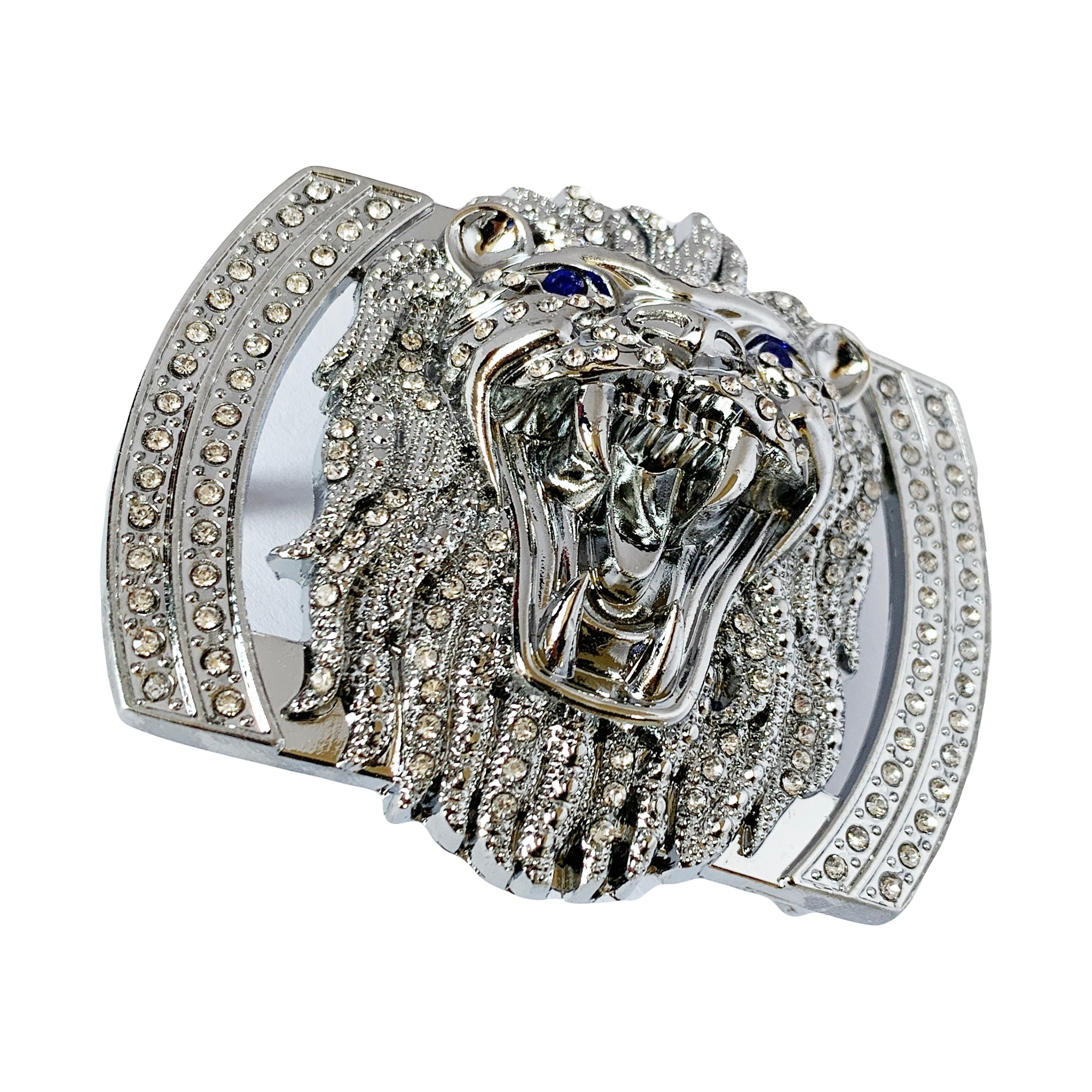 QHA Silver Lion Head Belt Buckle with Blue Eyes & Rhinestones Fits 38mm Belts B06