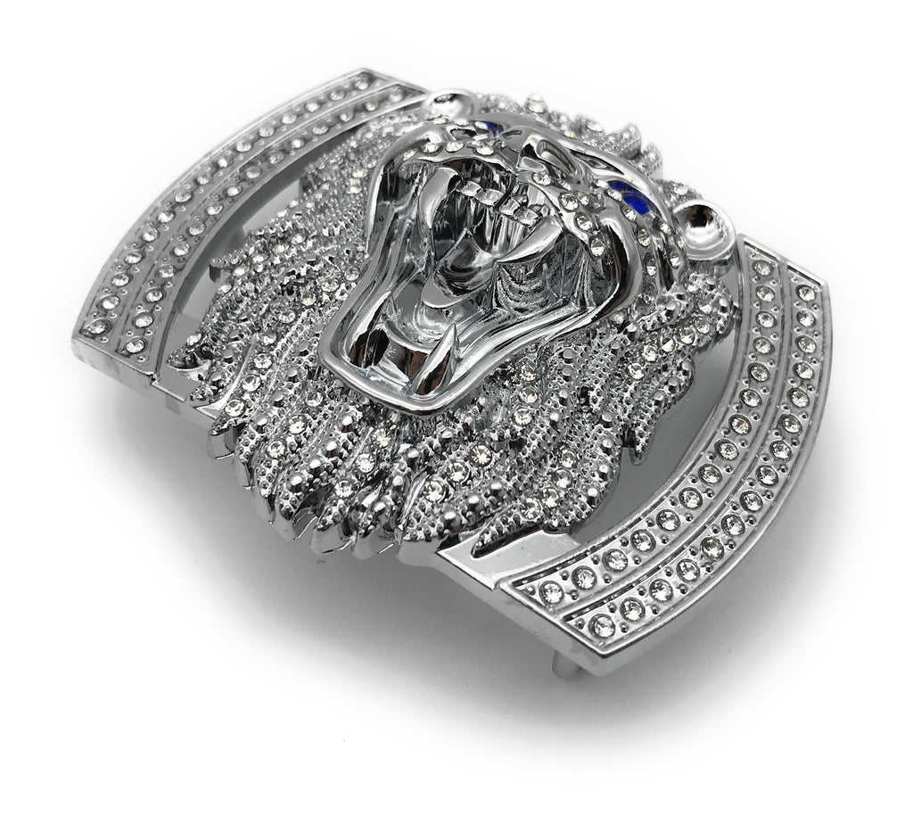 QHA Silver Lion Head Belt Buckle with Blue Eyes & Rhinestones Fits 38mm Belts B06