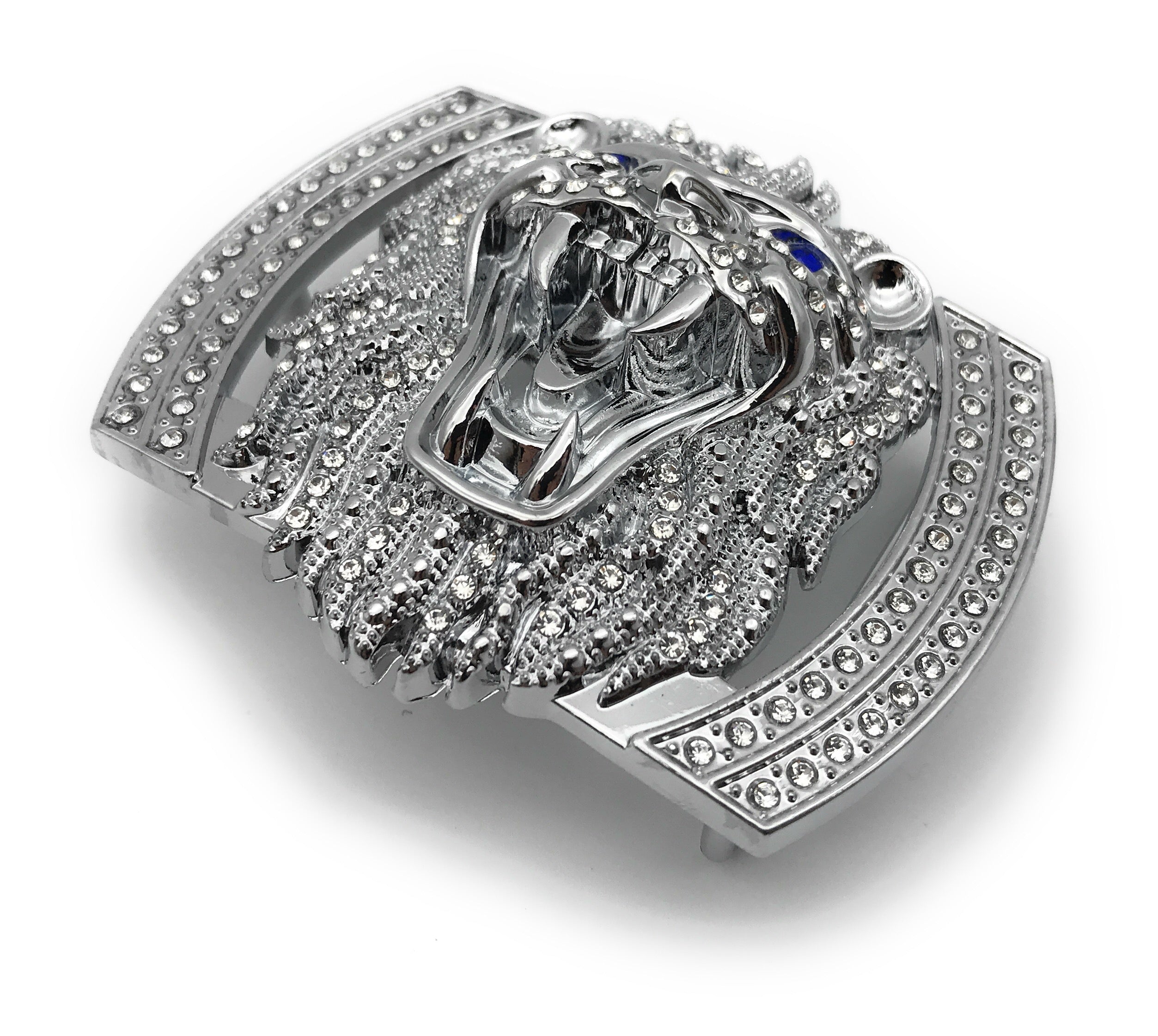 QHA Silver Lion Head Belt Buckle with Blue Eyes & Rhinestones Fits 38mm Belts B06