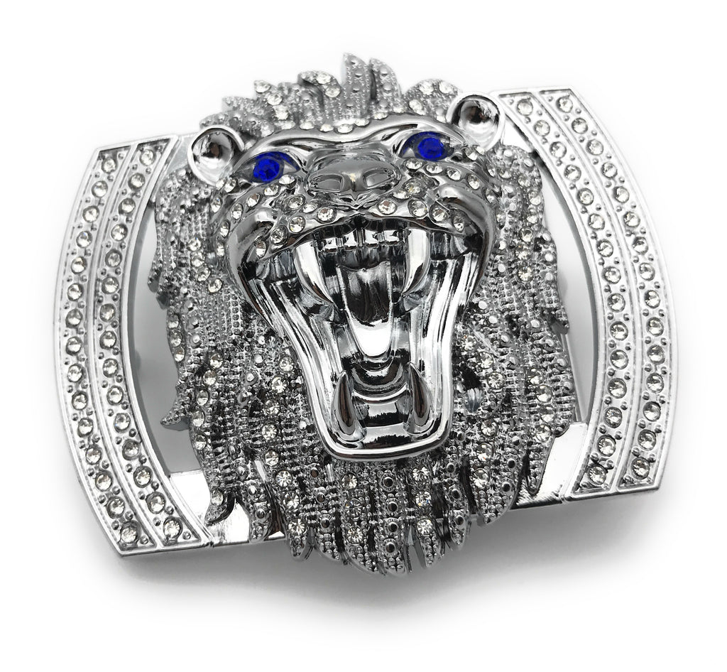 QHA Silver Lion Head Belt Buckle with Blue Eyes & Rhinestones Fits 38mm Belts B06