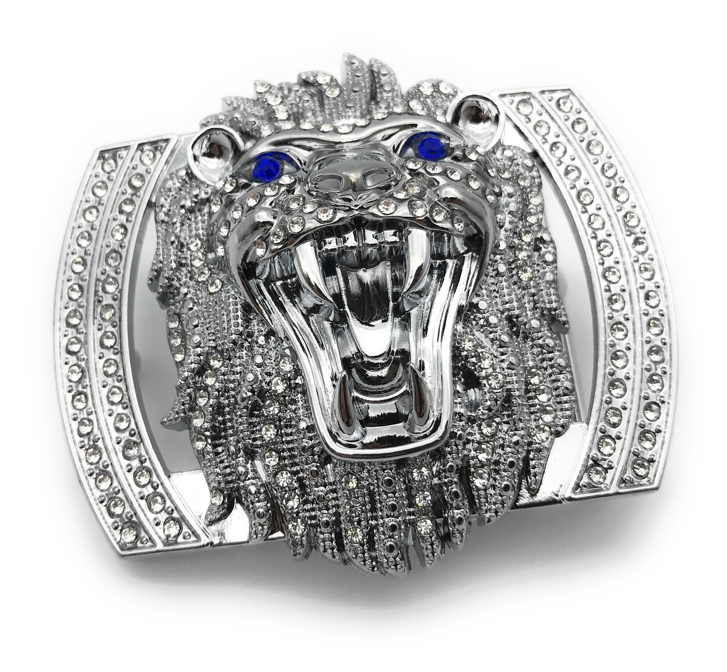 QHA Silver Lion Head Belt Buckle with Blue Eyes & Rhinestones Fits 38mm Belts B06