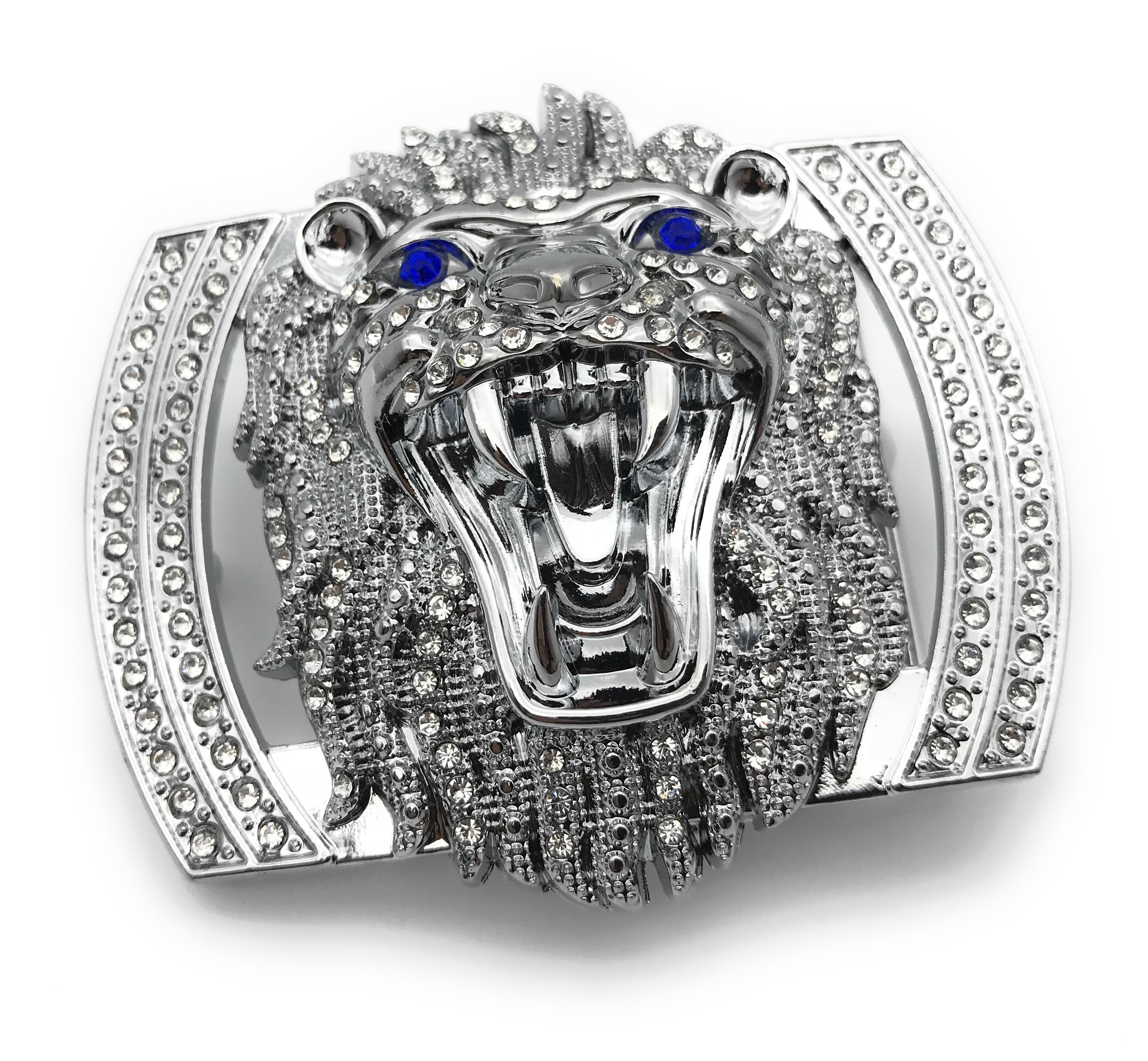 QHA Silver Lion Head Belt Buckle with Blue Eyes & Rhinestones Fits 38mm Belts B06