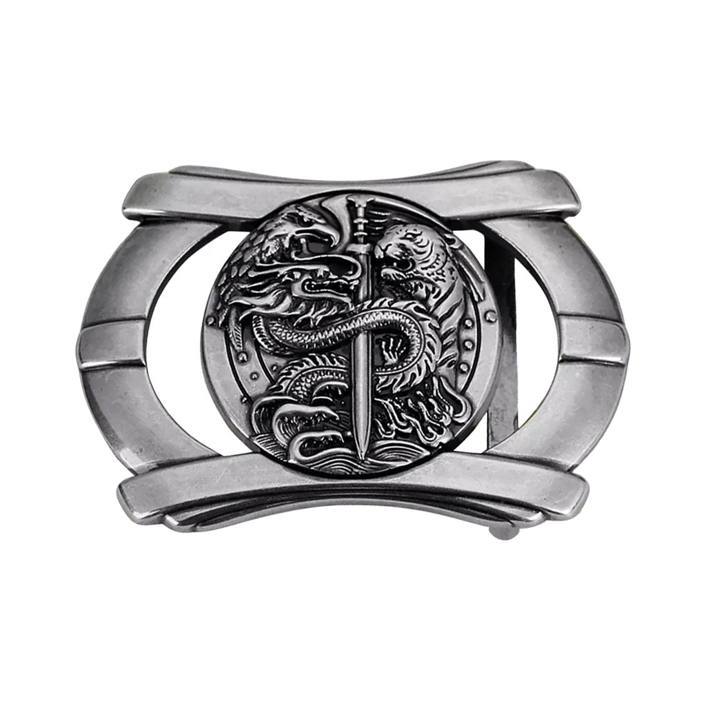QHA Mens Antique Silver Dragon & Tiger Sword Belt Buckle, Fits 38mm Belts B07