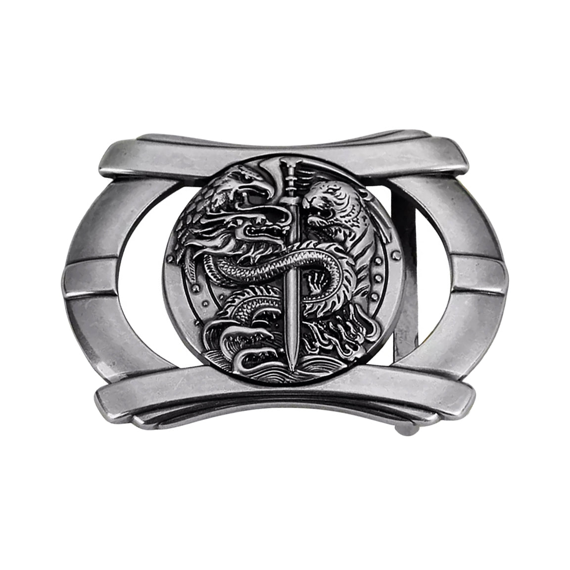 QHA Mens Antique Silver Dragon & Tiger Sword Belt Buckle, Fits 38mm Belts B07