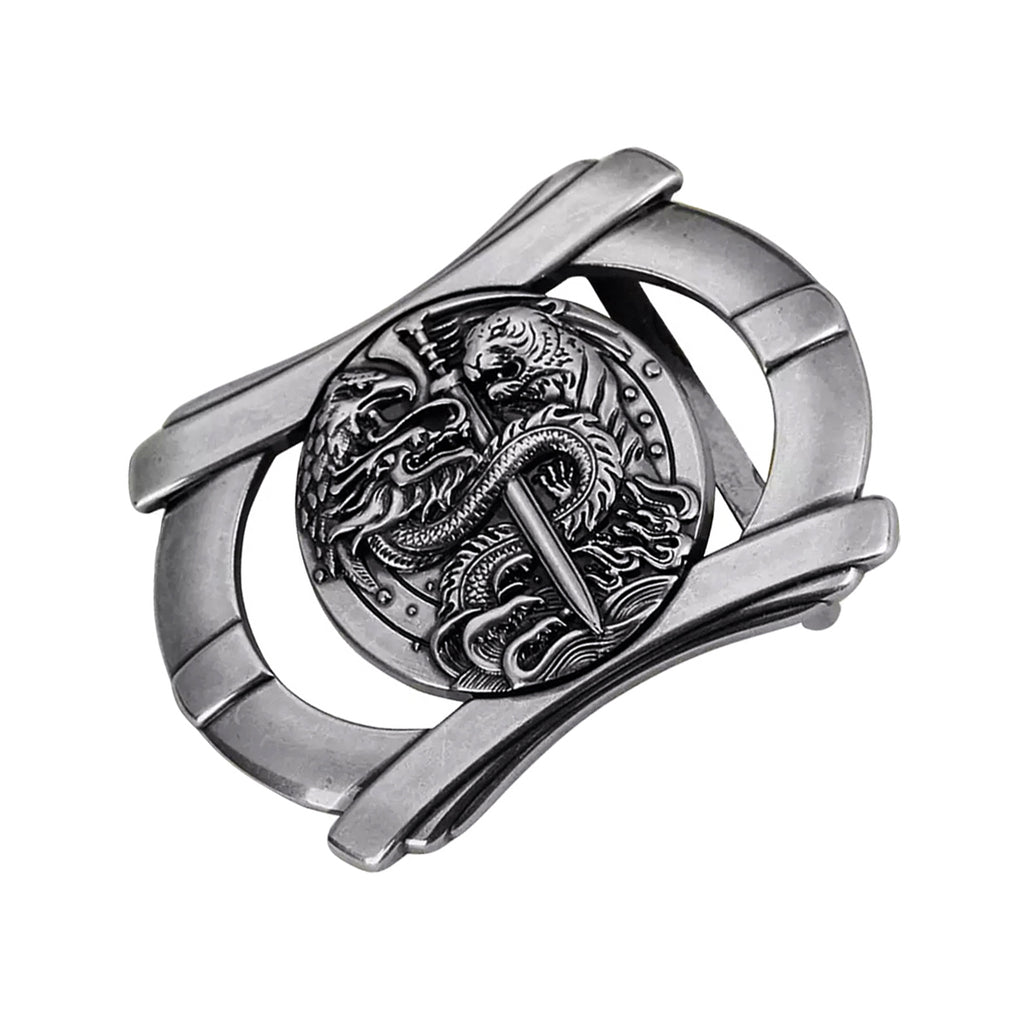 QHA Mens Antique Silver Dragon & Tiger Sword Belt Buckle, Fits 38mm Belts B07