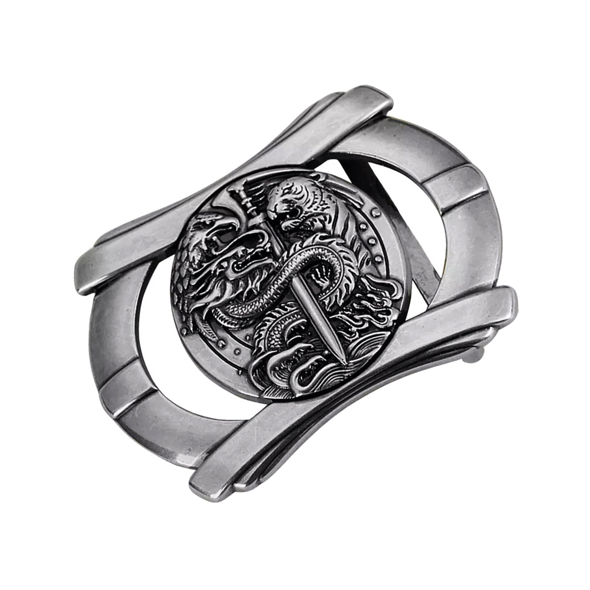QHA Mens Antique Silver Dragon & Tiger Sword Belt Buckle, Fits 38mm Belts B07