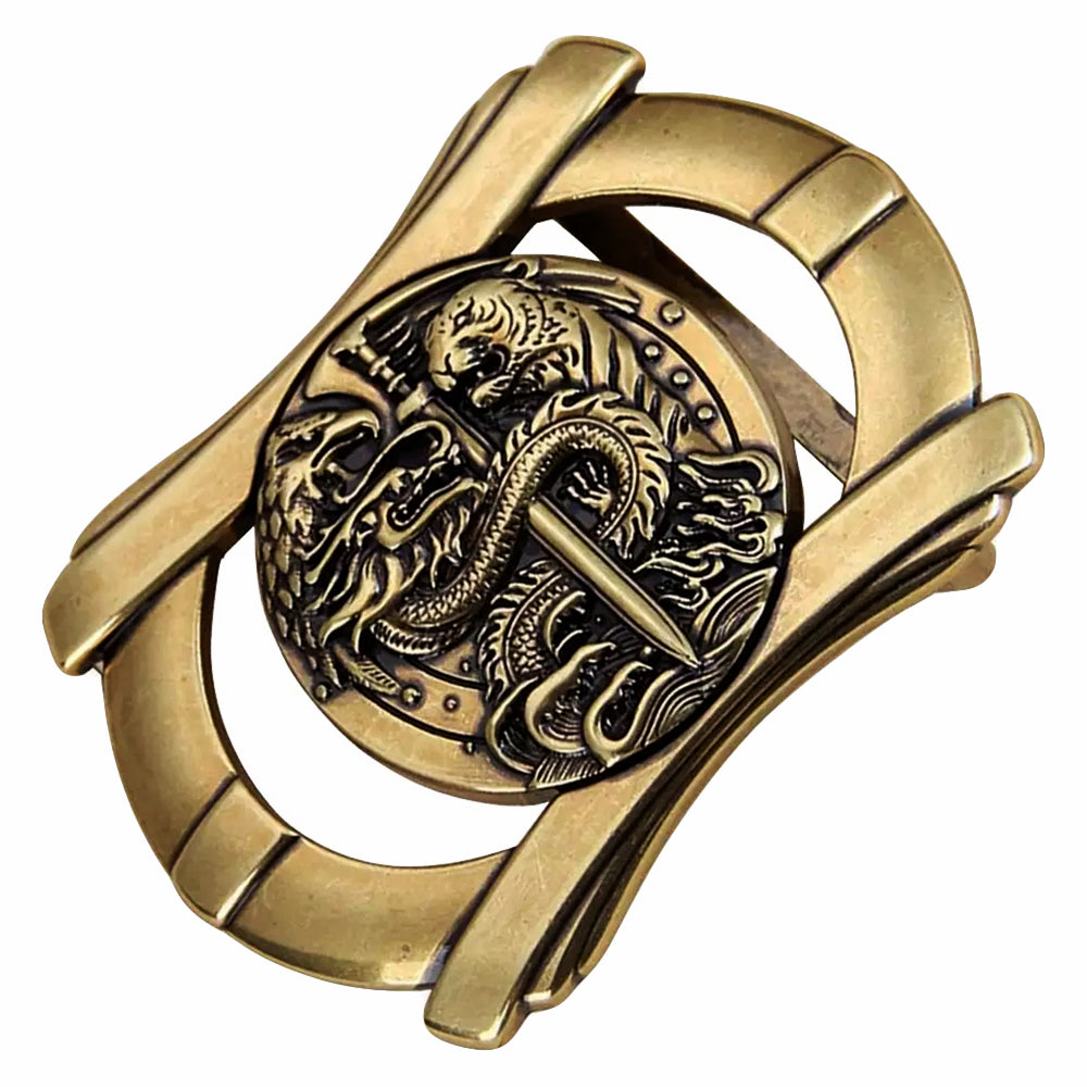 QHA Mens Antique Brass Dragon & Tiger Sword Belt Buckle, Fits 38mm Belts B08