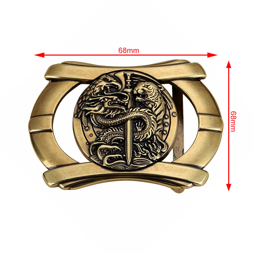 QHA Mens Antique Brass Dragon & Tiger Sword Belt Buckle, Fits 38mm Belts B08
