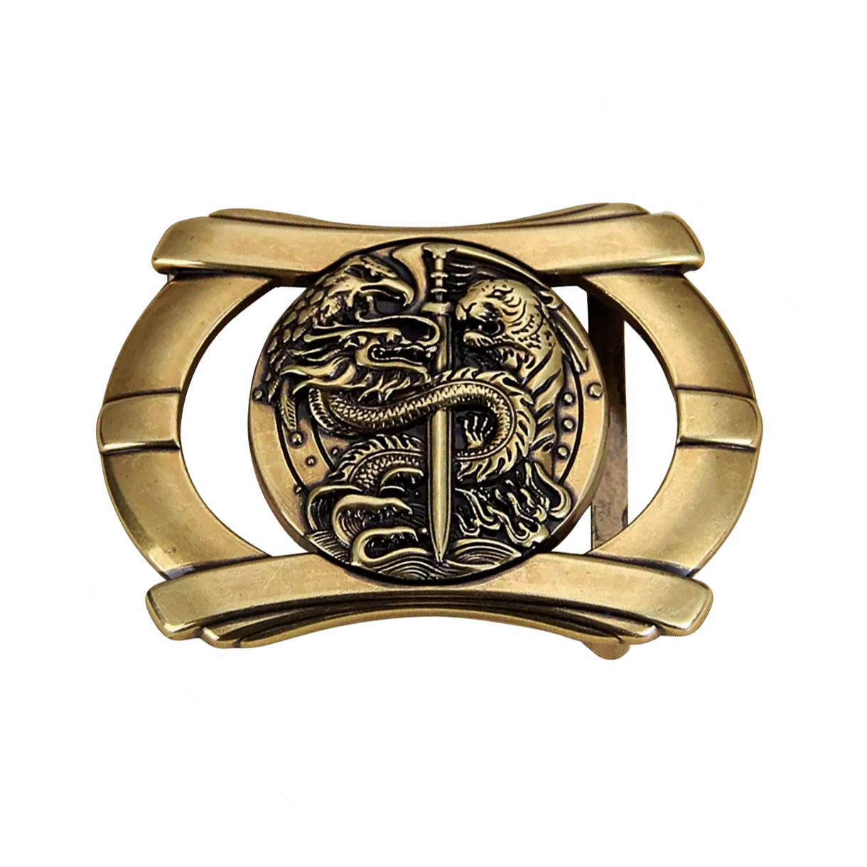 QHA Mens Antique Brass Dragon & Tiger Sword Belt Buckle, Fits 38mm Belts B08