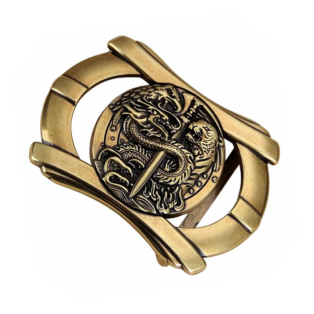 QHA Mens Antique Brass Dragon & Tiger Sword Belt Buckle, Fits 38mm Belts B08