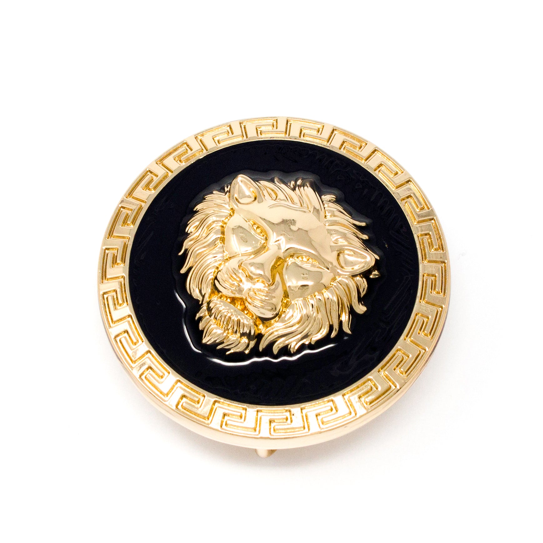 QHA Unisex Gold Lion Head Round Belt Buckle, Greek Key Border Fits 38mm B09