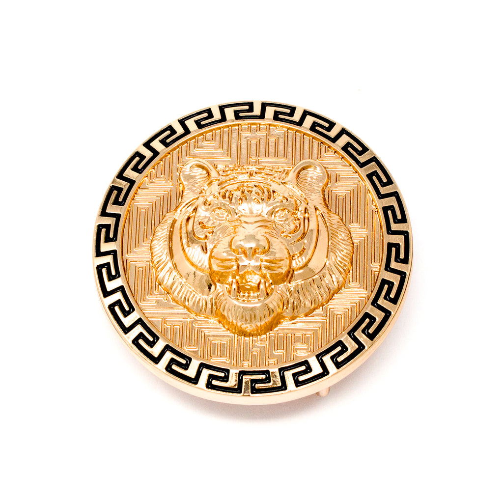 QHA Mens Gold Tiger Head Round Belt Buckle, Greek Key Border Fits 38mm B10