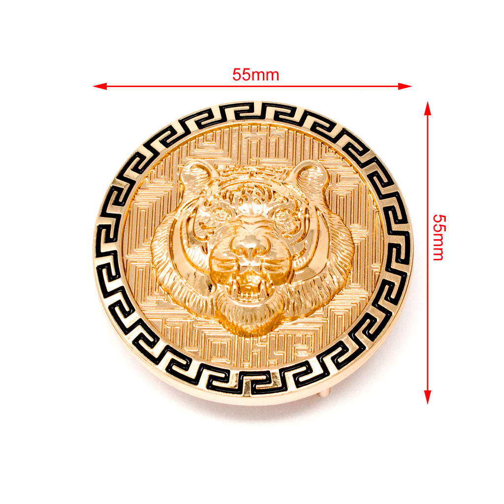 QHA Mens Gold Tiger Head Round Belt Buckle, Greek Key Border Fits 38mm B10