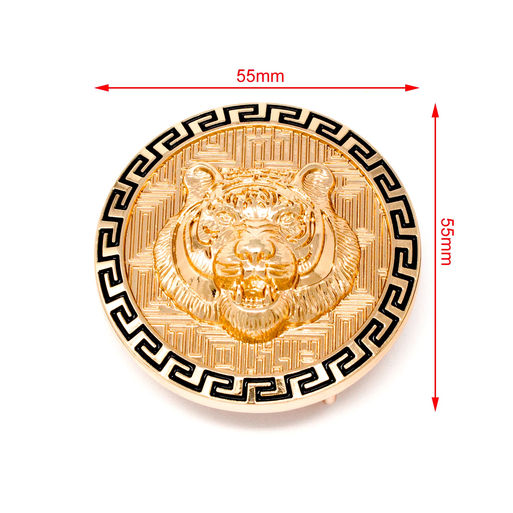 QHA Mens Gold Tiger Head Round Belt Buckle, Greek Key Border Fits 38mm B10