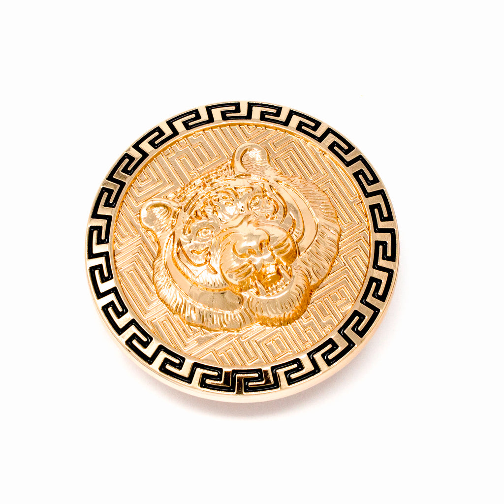 QHA Mens Gold Tiger Head Round Belt Buckle, Greek Key Border Fits 38mm B10