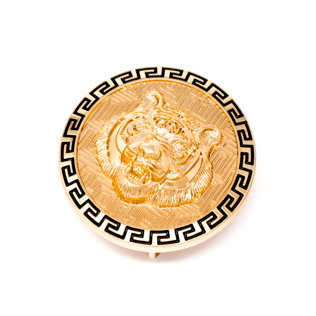 QHA Mens Gold Tiger Head Round Belt Buckle, Greek Key Border Fits 38mm B10