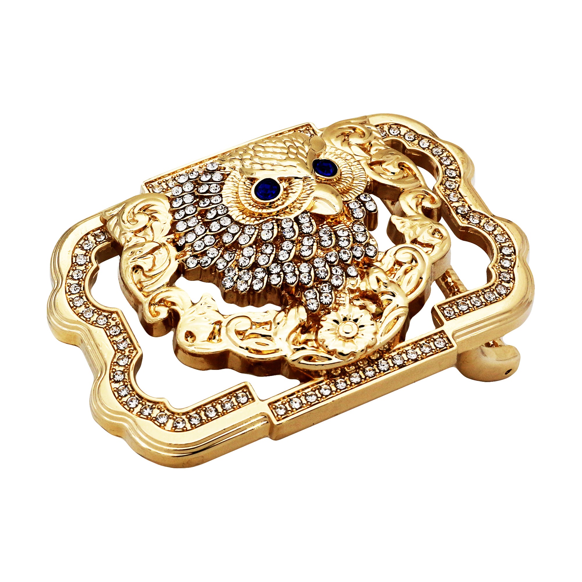 QHA Gold Owl Belt Buckle with Blue Eyes & Rhinestones Fits 38mm Belts B11