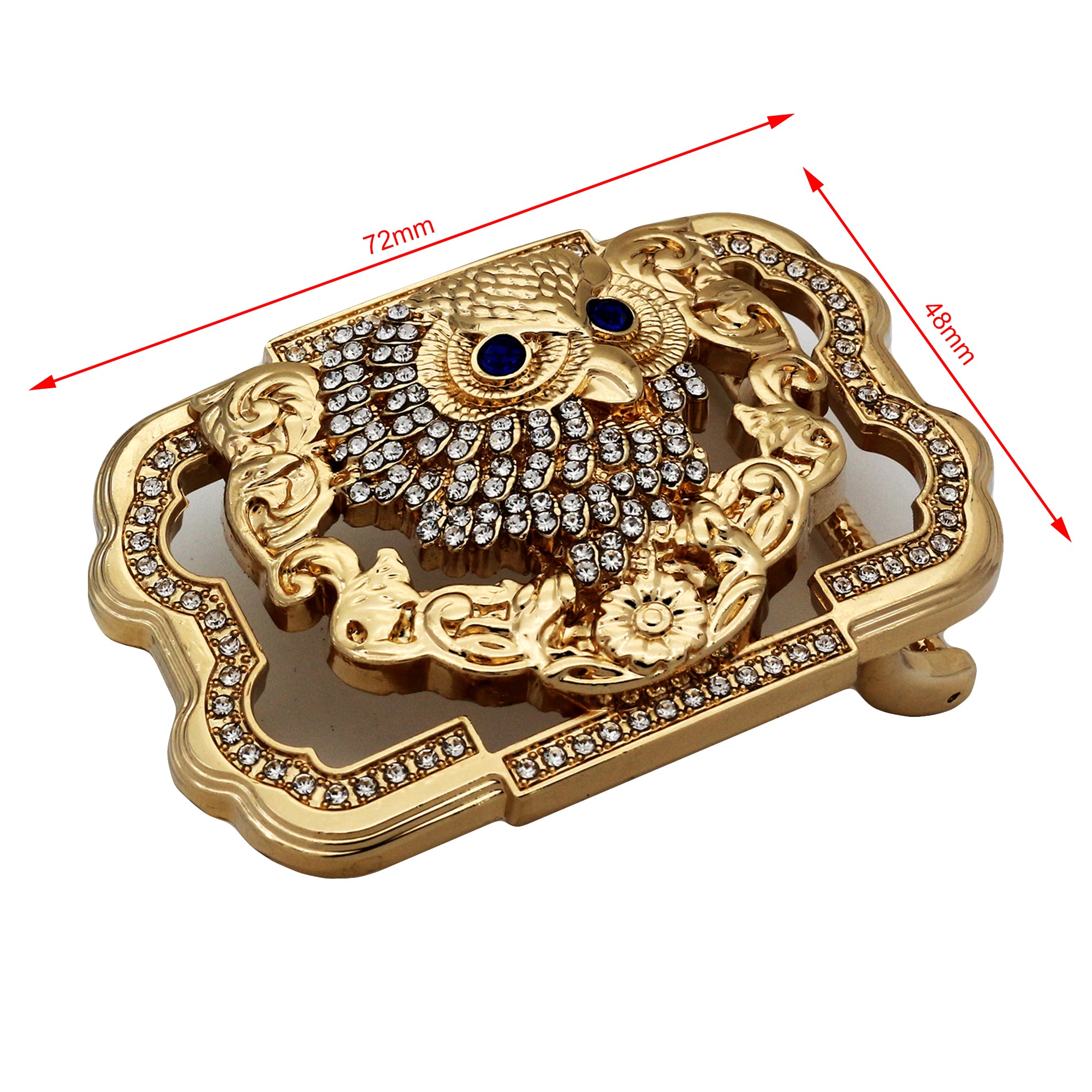 QHA Gold Owl Belt Buckle with Blue Eyes & Rhinestones Fits 38mm Belts B11