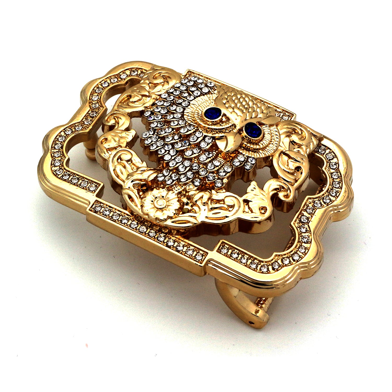 QHA Gold Owl Belt Buckle with Blue Eyes & Rhinestones Fits 38mm Belts B11