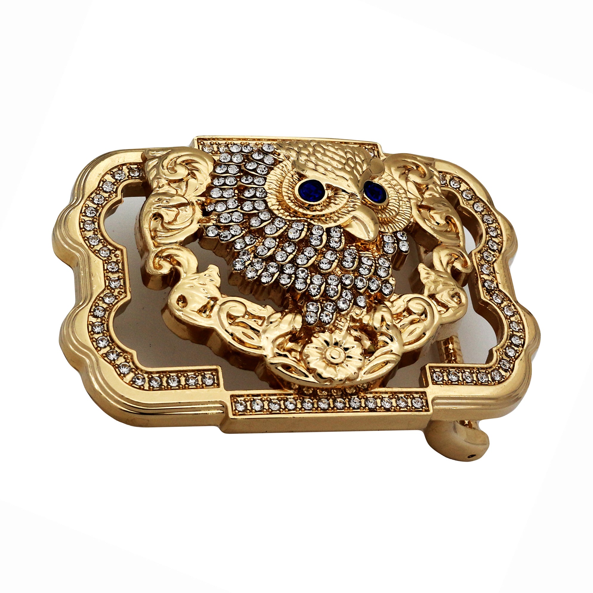 QHA Gold Owl Belt Buckle with Blue Eyes & Rhinestones Fits 38mm Belts B11