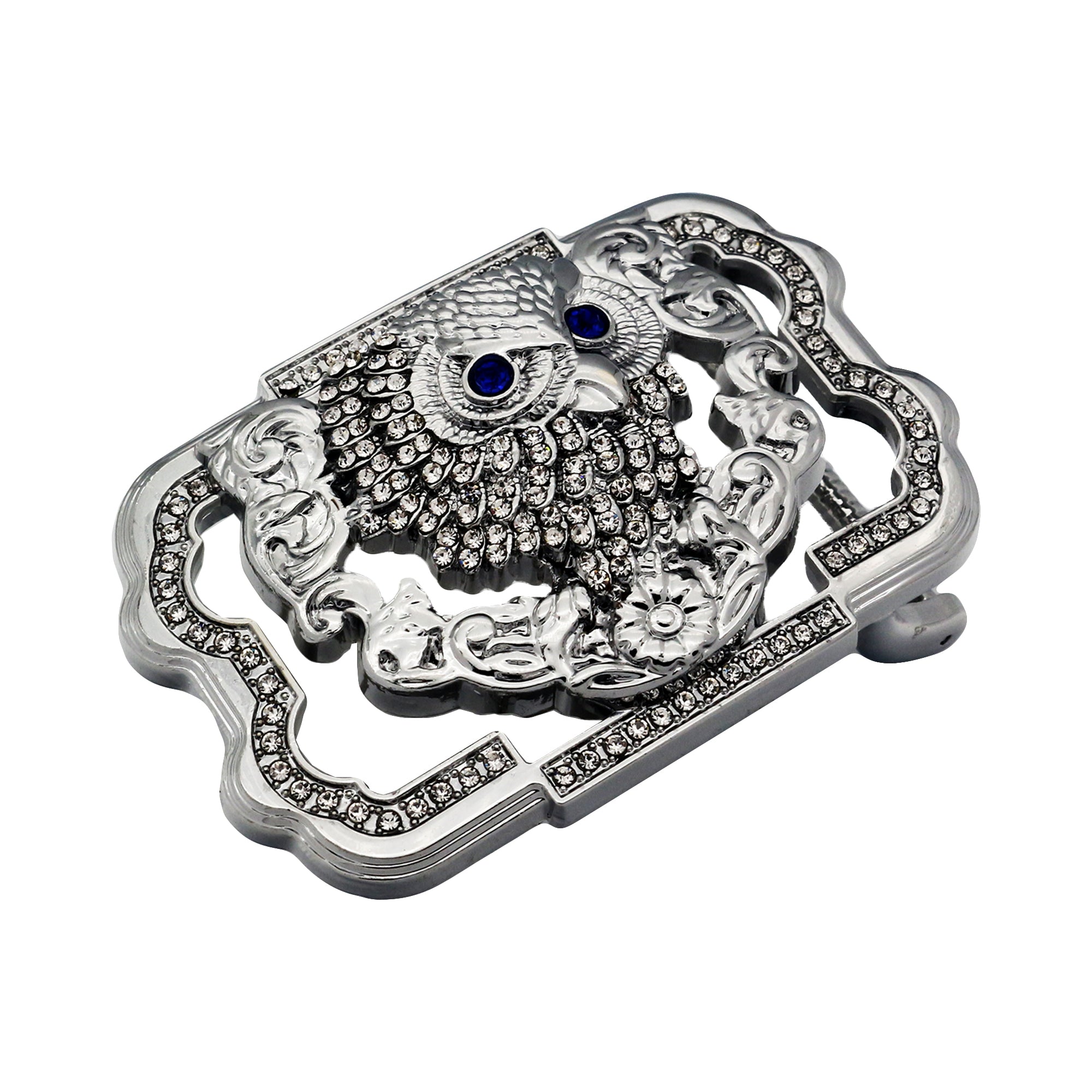 QHA Silver Owl Belt Buckle with Blue Eyes & Rhinestones Fits 38mm Belts B12