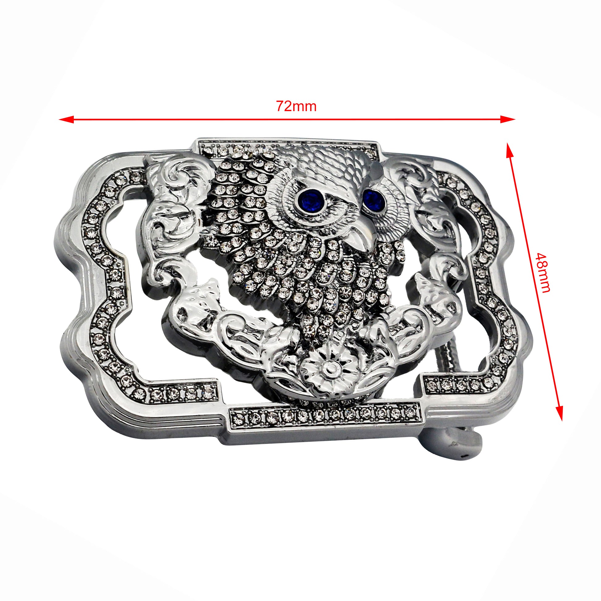 QHA Silver Owl Belt Buckle with Blue Eyes & Rhinestones Fits 38mm Belts B12