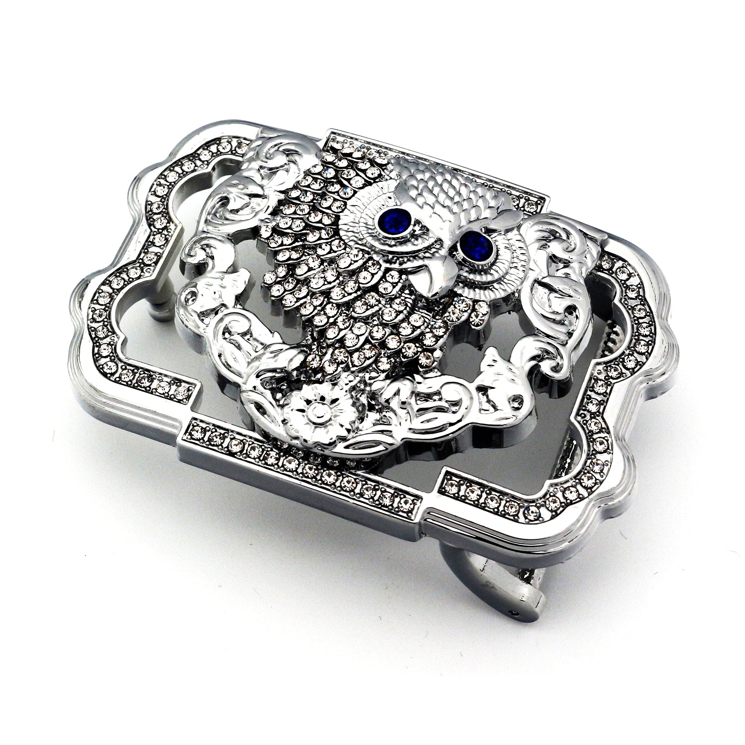 QHA Silver Owl Belt Buckle with Blue Eyes & Rhinestones Fits 38mm Belts B12