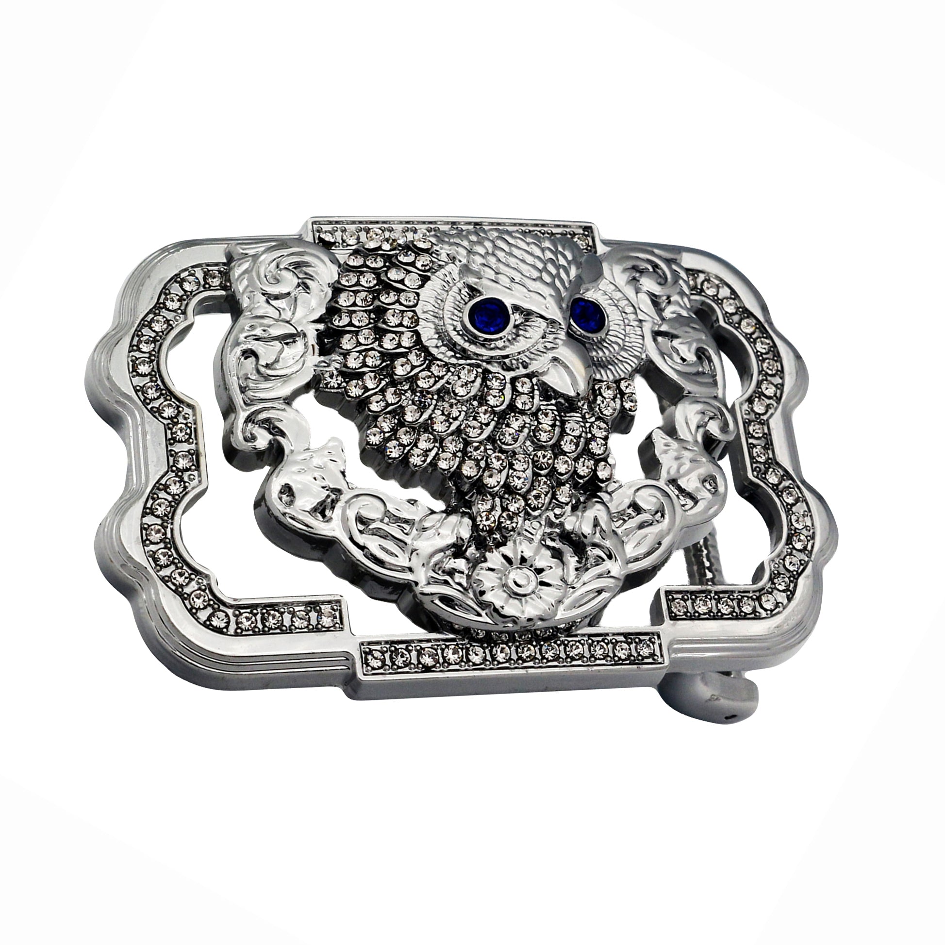 QHA Silver Owl Belt Buckle with Blue Eyes & Rhinestones Fits 38mm Belts B12