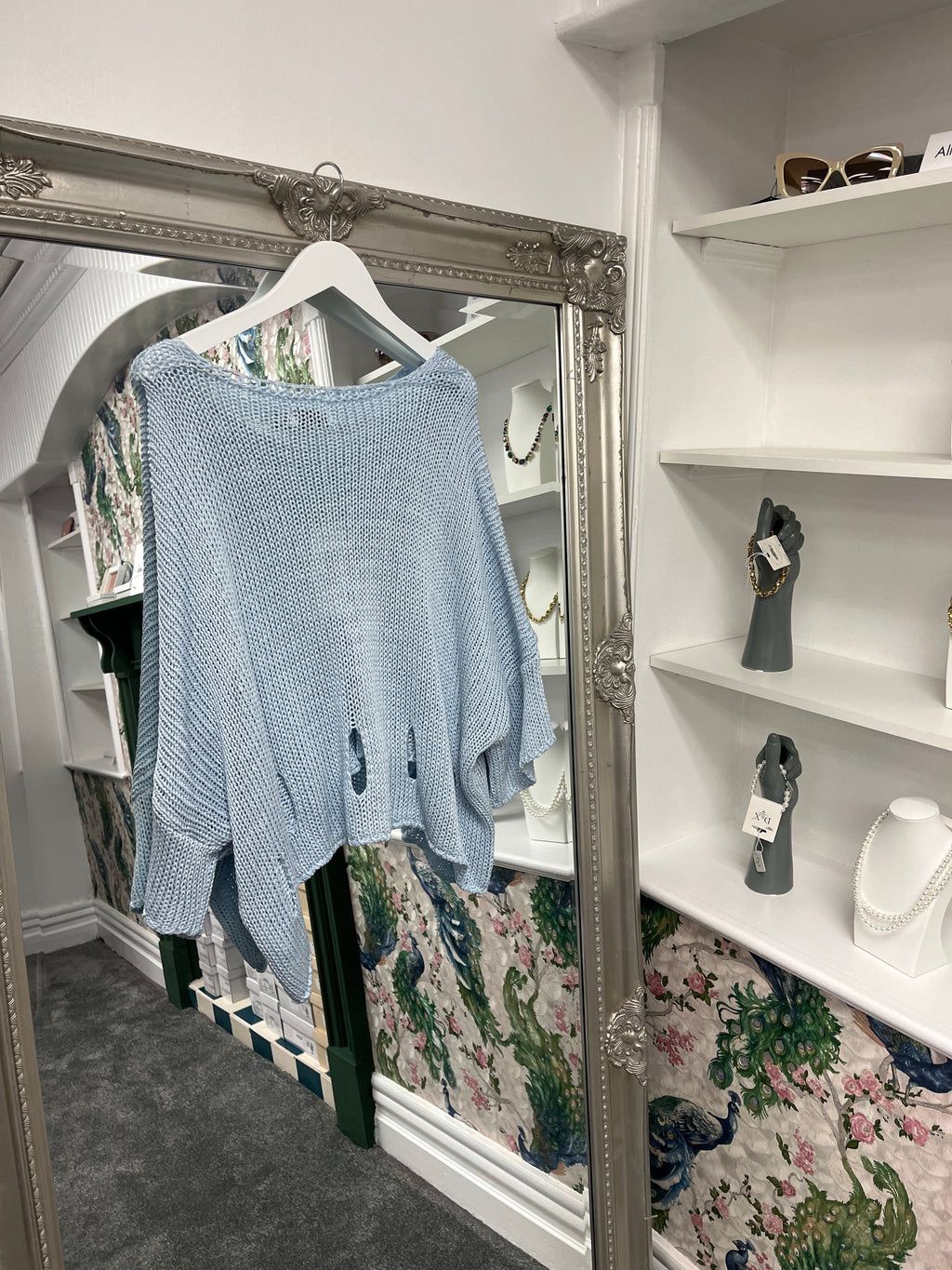 Sky Blue Crochet Knit Jumper – One Size Fits UK 8–14