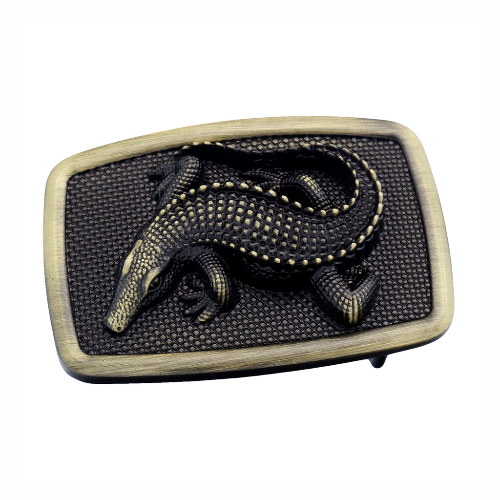 QHA Antique Brass Crocodile Belt Buckle, Textured Alligator Design Fits 38mm B13