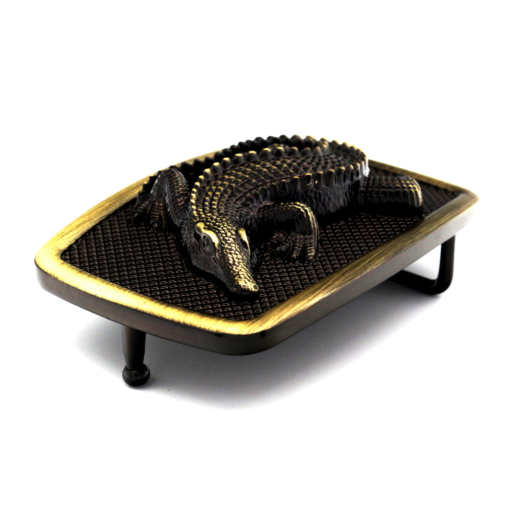 QHA Antique Brass Crocodile Belt Buckle, Textured Alligator Design Fits 38mm B13