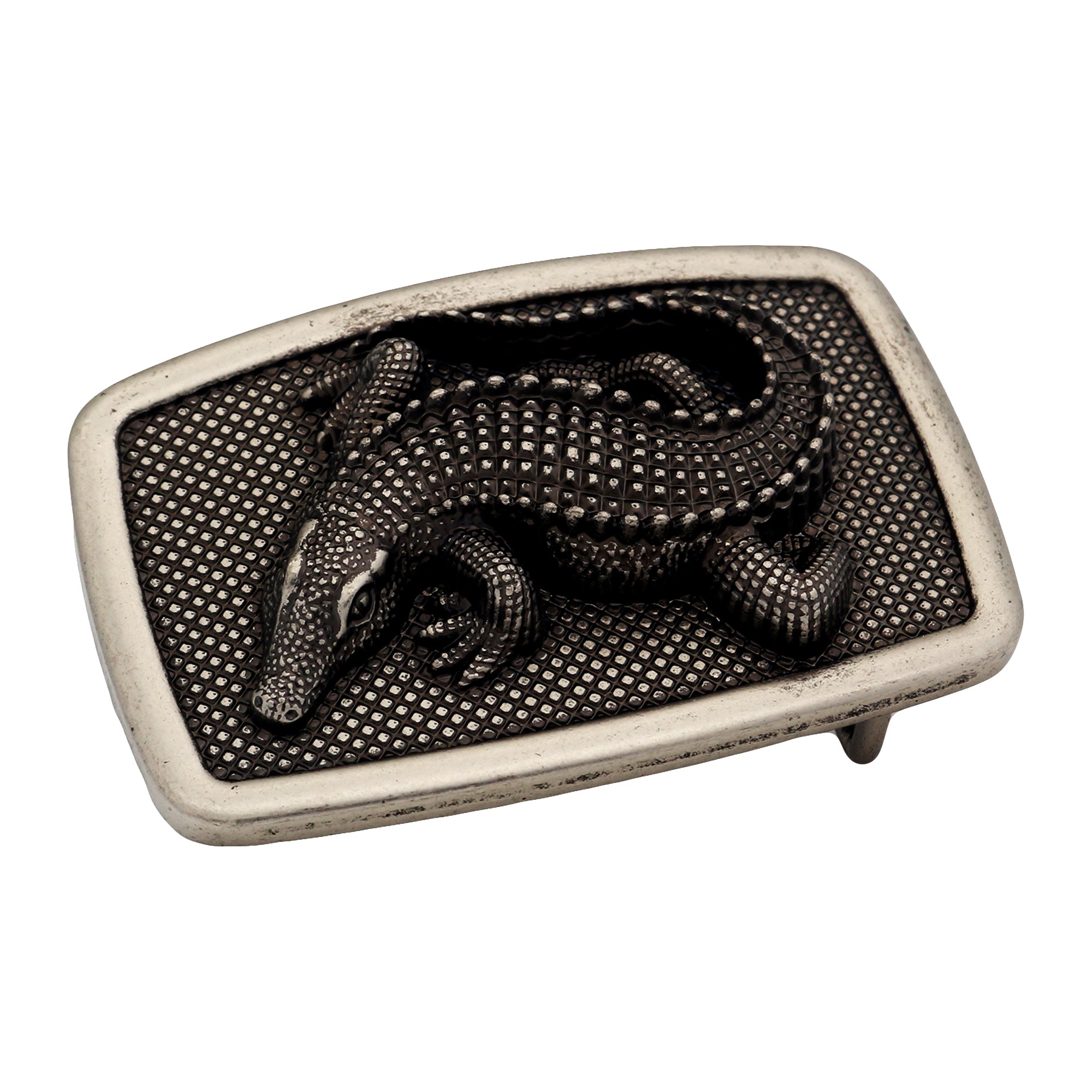 QHA Antique Silver Crocodile Belt Buckle, Textured Alligator Design Fits 38mm B14