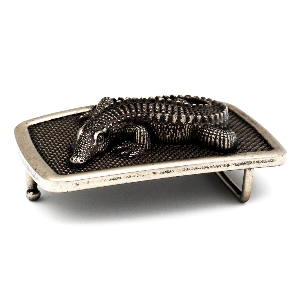 QHA Antique Silver Crocodile Belt Buckle, Textured Alligator Design Fits 38mm B14
